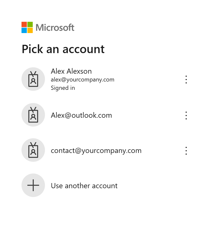 Microsoft's Pick an account screen, listing a personal account and the shared mailbox account separately