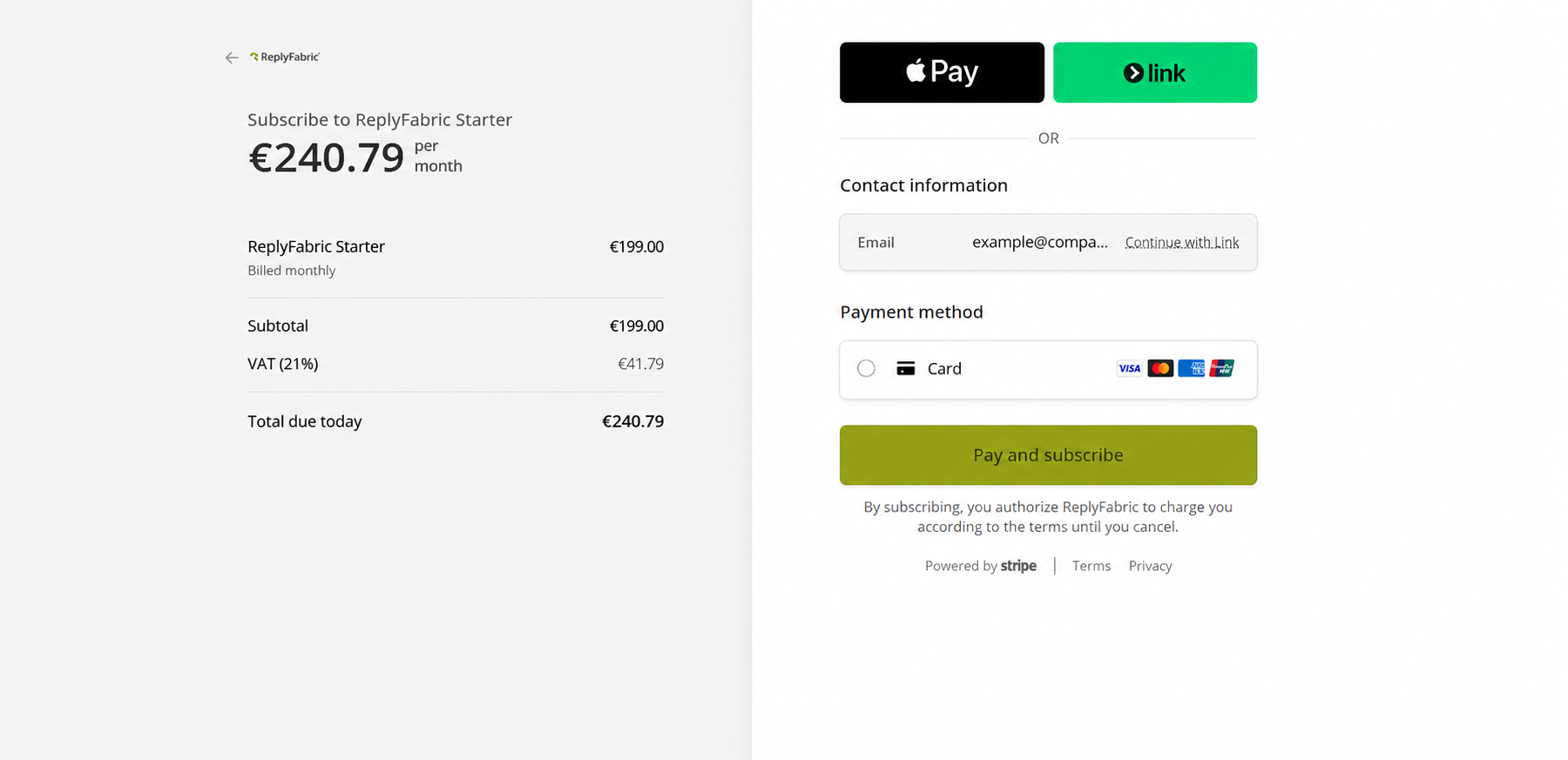 Stripe checkout page with Apple Pay and Link buttons at the top, and a Card payment method option below