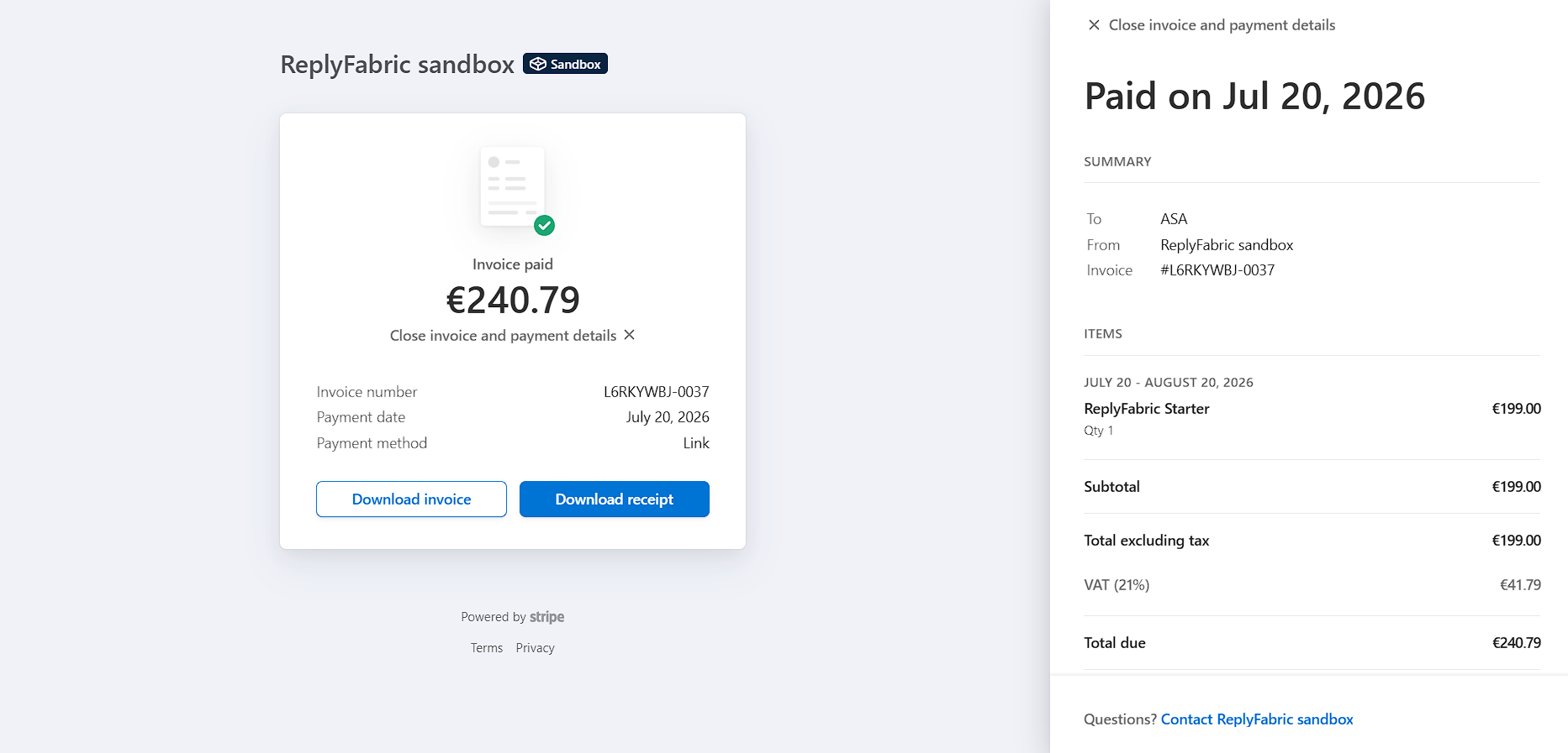 Invoice detail panel with a line-item breakdown and Download invoice / Download receipt buttons