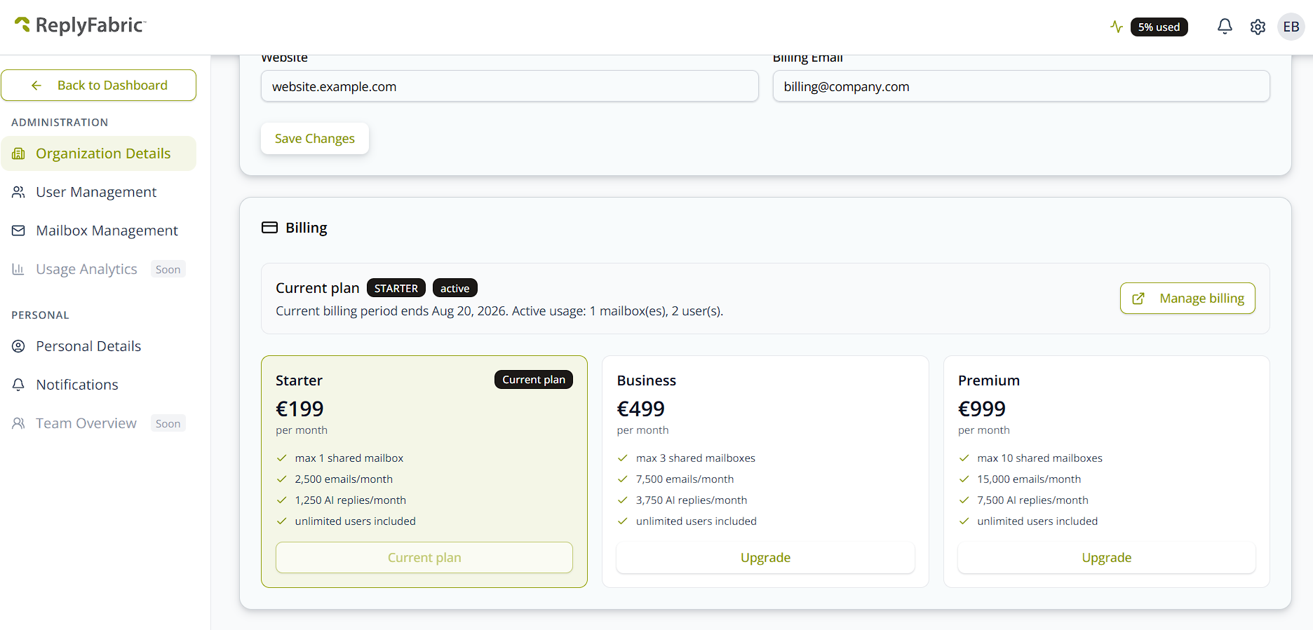 Billing section showing the active Starter plan with Manage billing and Upgrade buttons