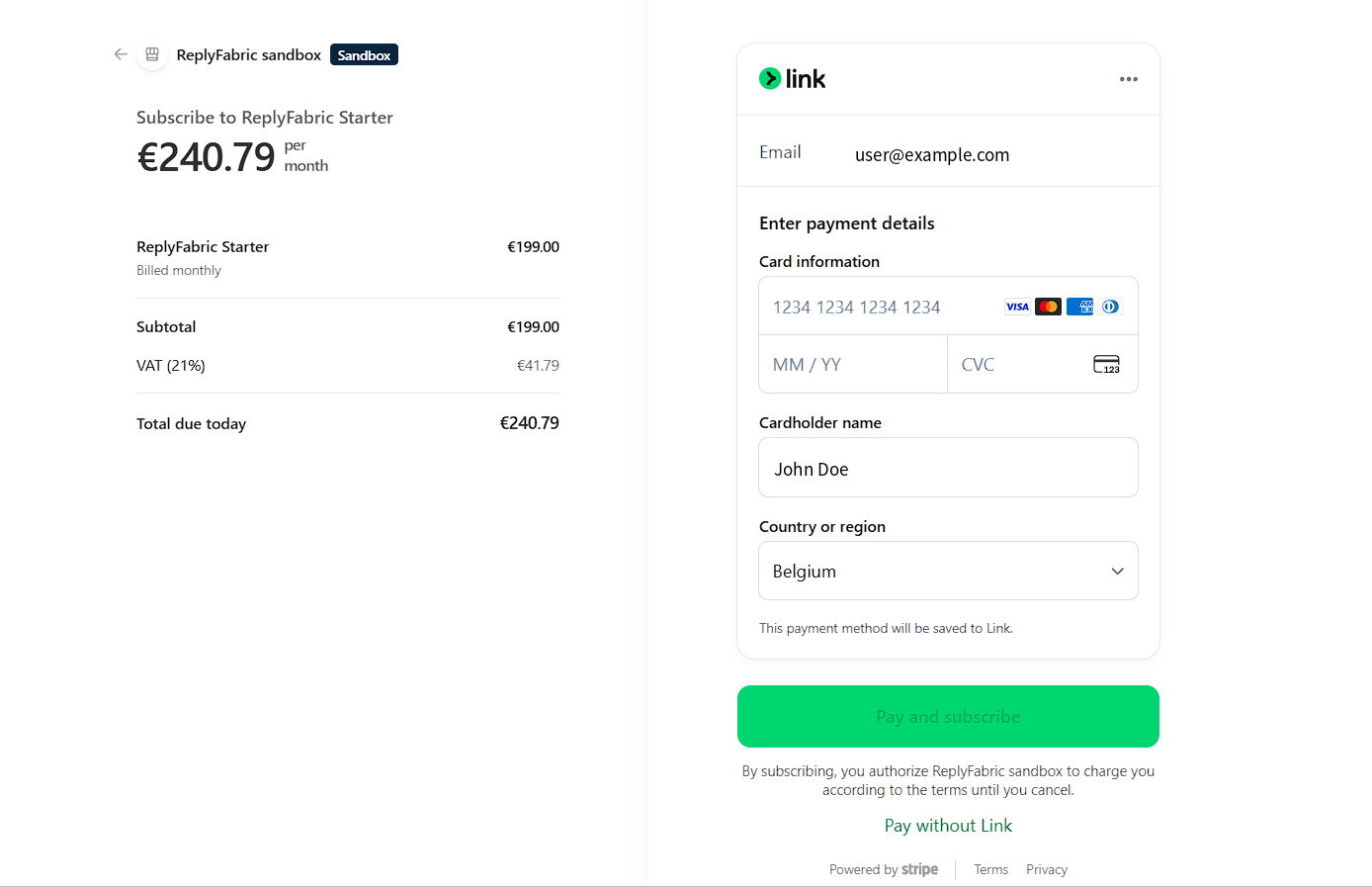 Card payment details form showing card number, cardholder name, country, and a note that the card will be saved to Link