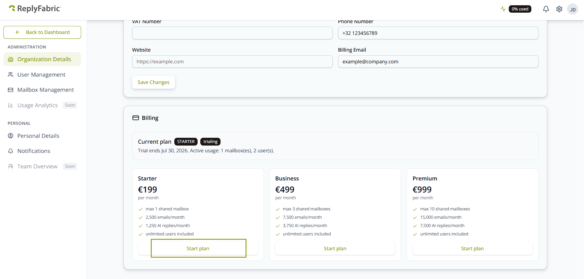 Organization Details → Billing showing the current trial status and the Starter, Business, and Premium plan cards