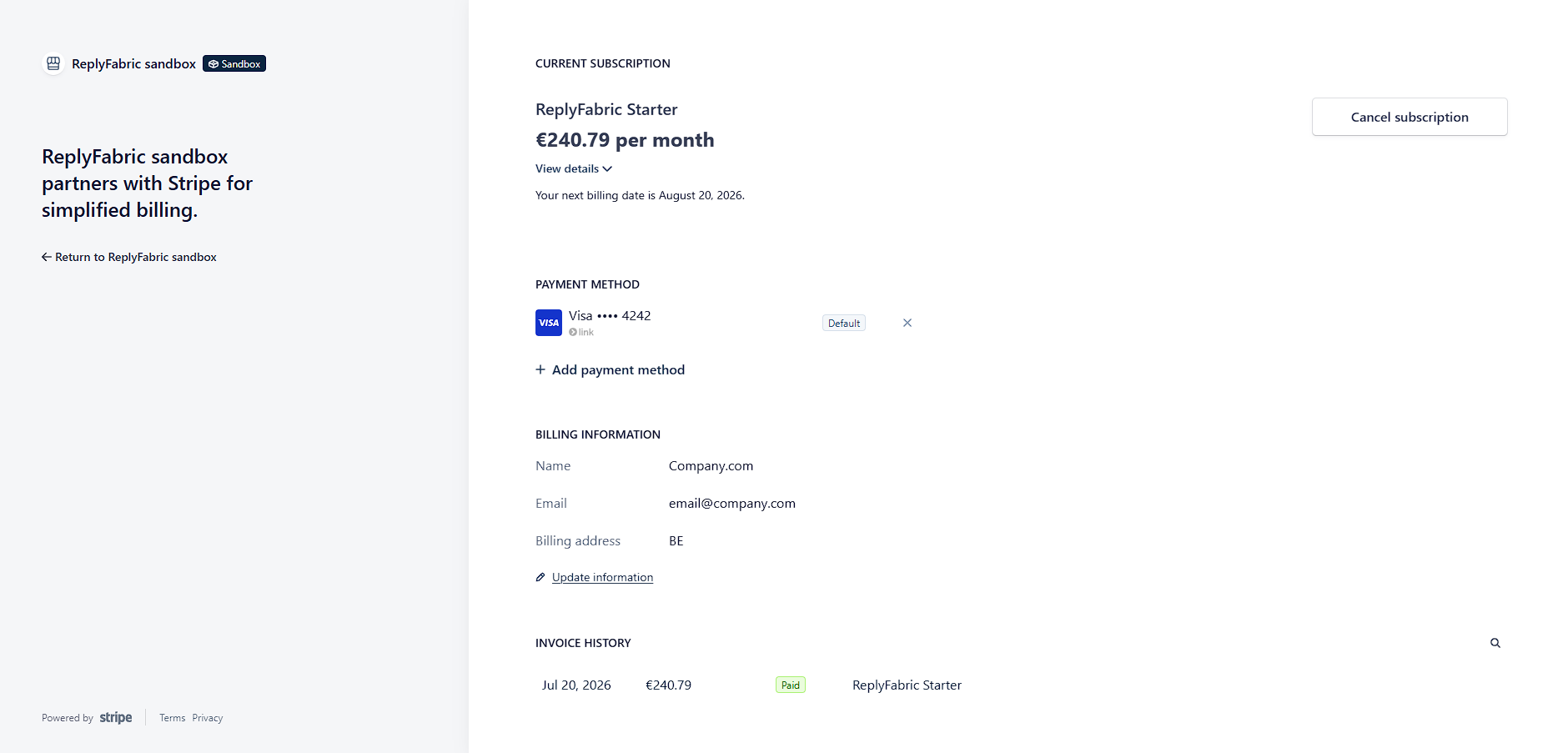 Stripe customer portal showing the current subscription, saved payment method, billing information, and invoice history