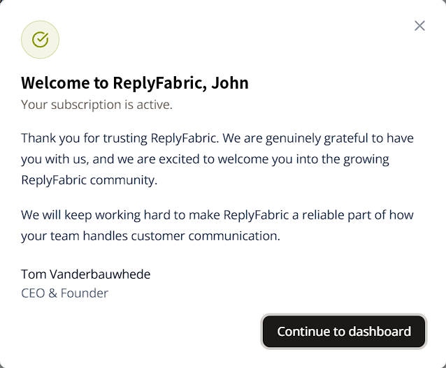 Welcome confirmation modal after a successful subscription payment