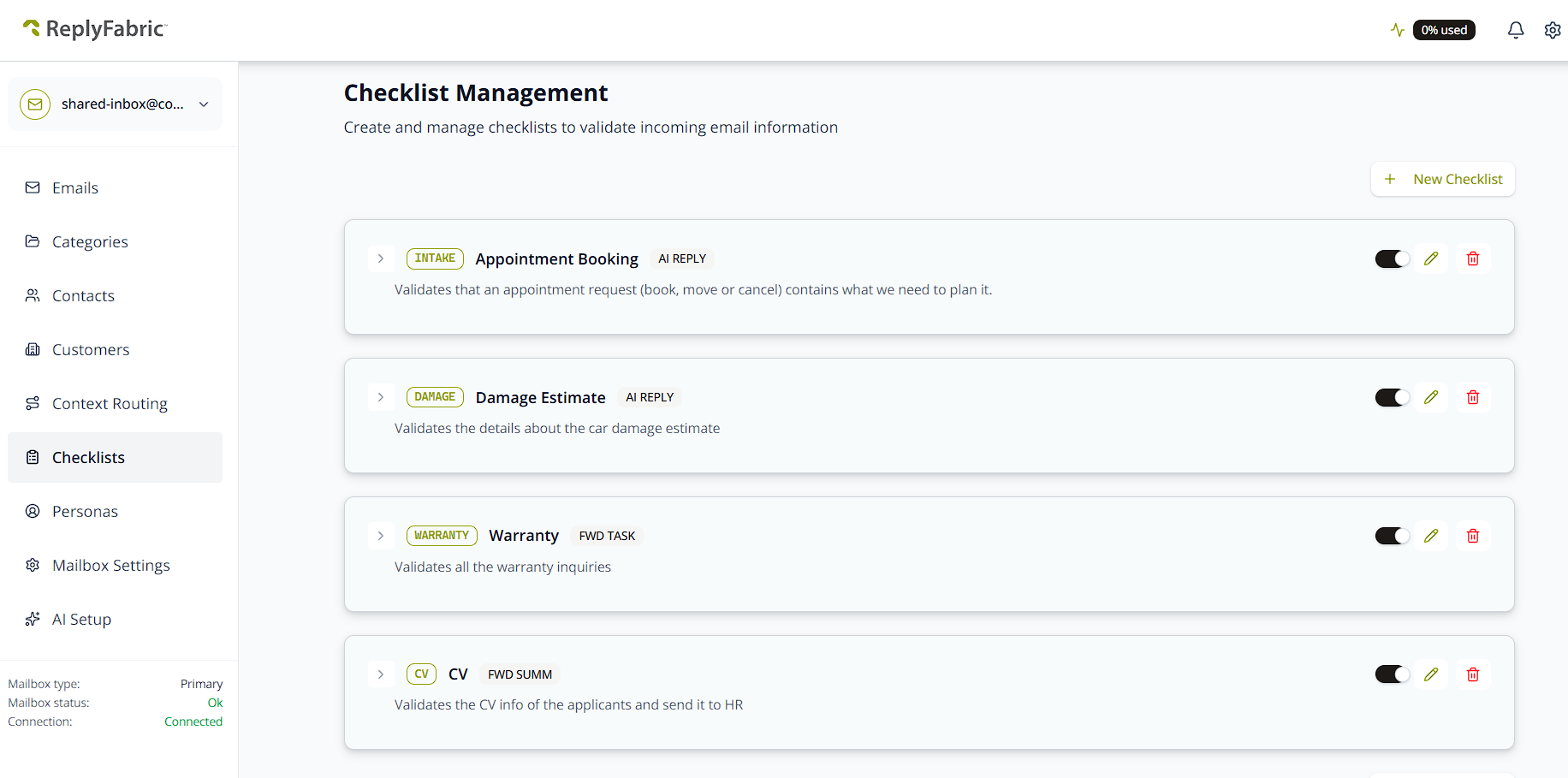 Checklist Management overview — a list of existing checklists with their code, name, on complete action, and description