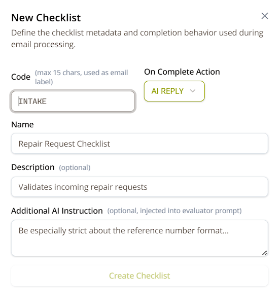 New Checklist form — Code, On Complete Action, Name, Description, and Additional AI Instruction fields