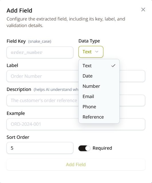 Add Field form with the Data Type dropdown expanded, listing Text, Date, Number, Email, Phone, and Reference