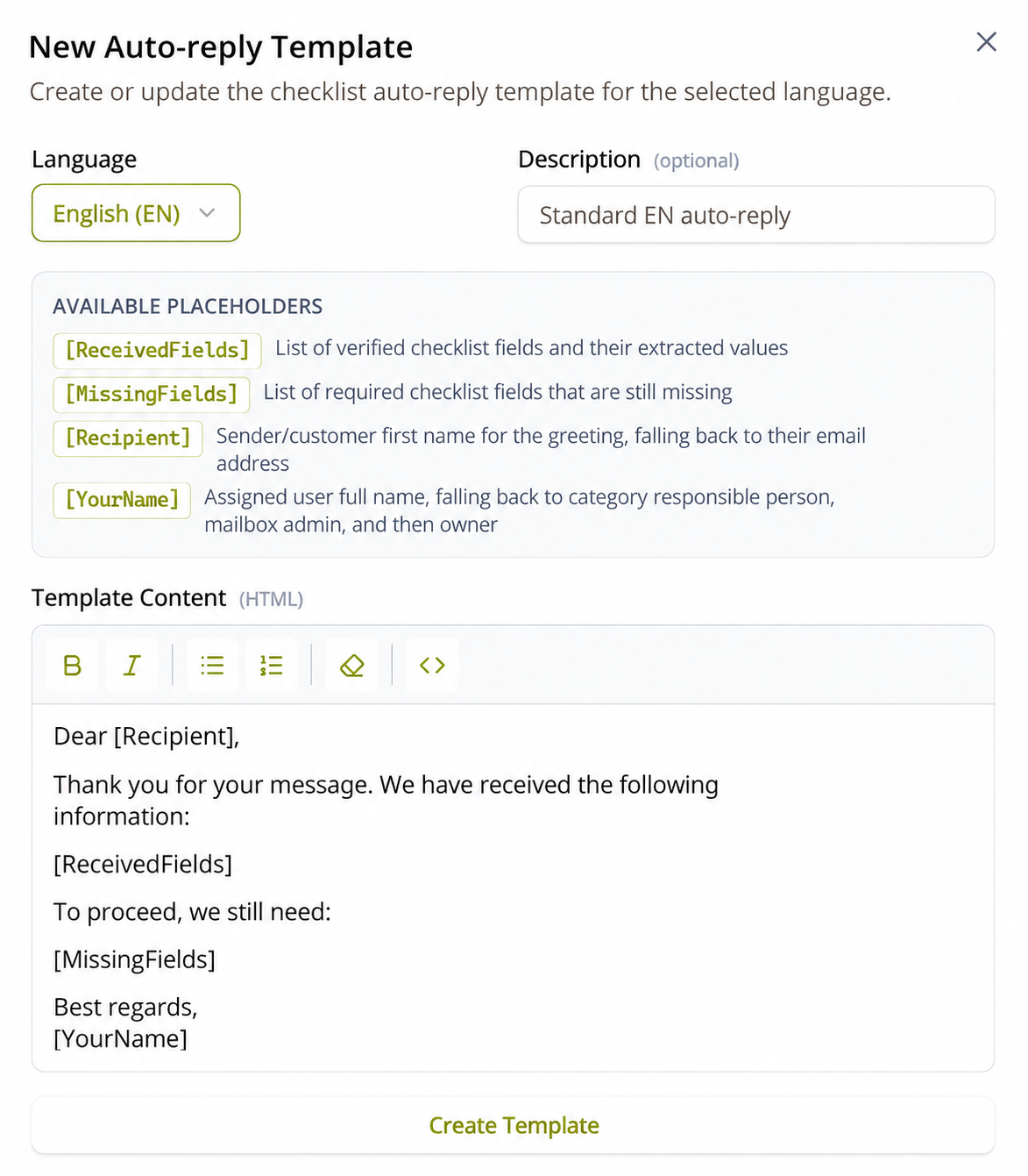 New Auto-reply Template form — Language, Description, the available placeholders, and the template editor