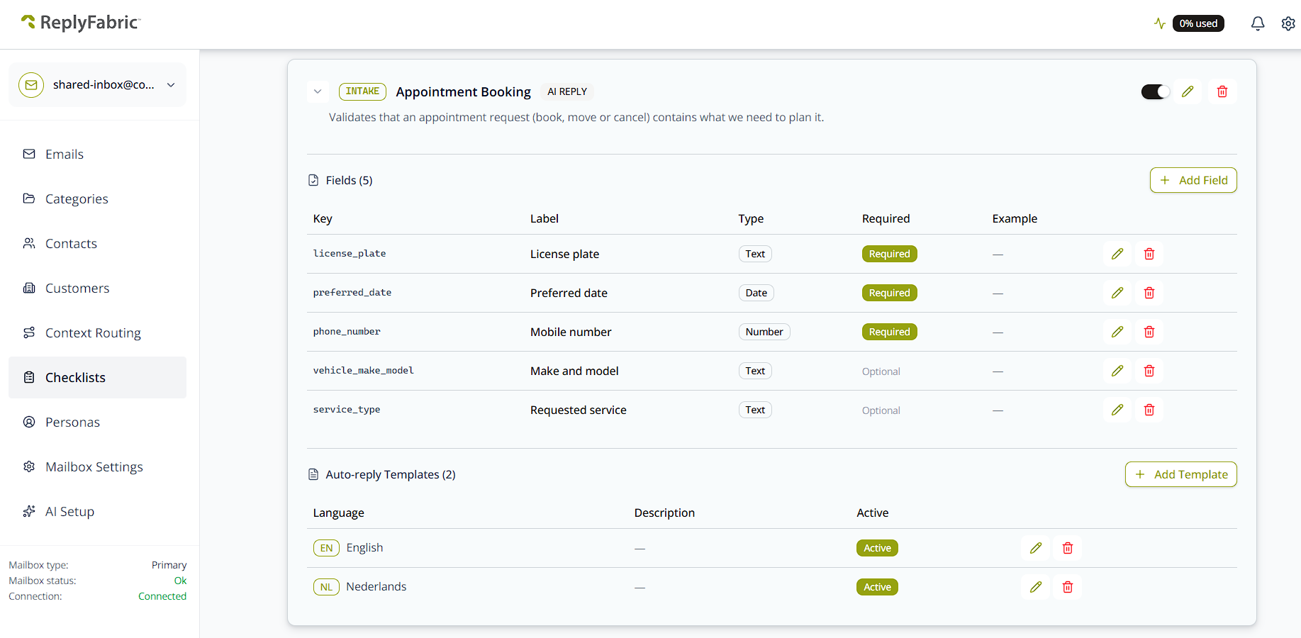 A fully configured checklist — five fields (license plate, preferred date, mobile number, make and model, requested service) and two auto-reply templates, English and Dutch