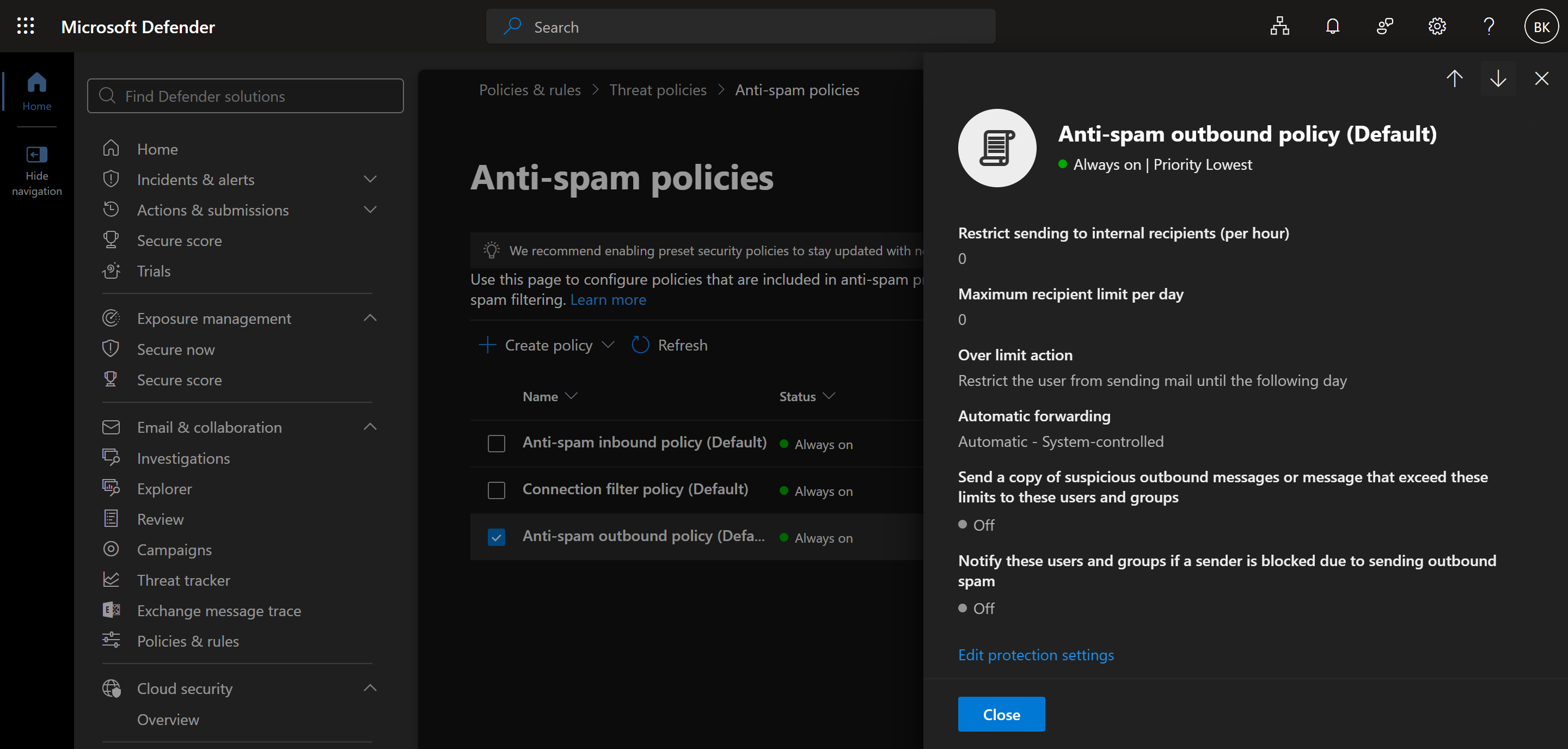 Anti-spam outbound policy (Default) — Automatic forwarding defaults to "Automatic - System-controlled," which blocks external forwarding