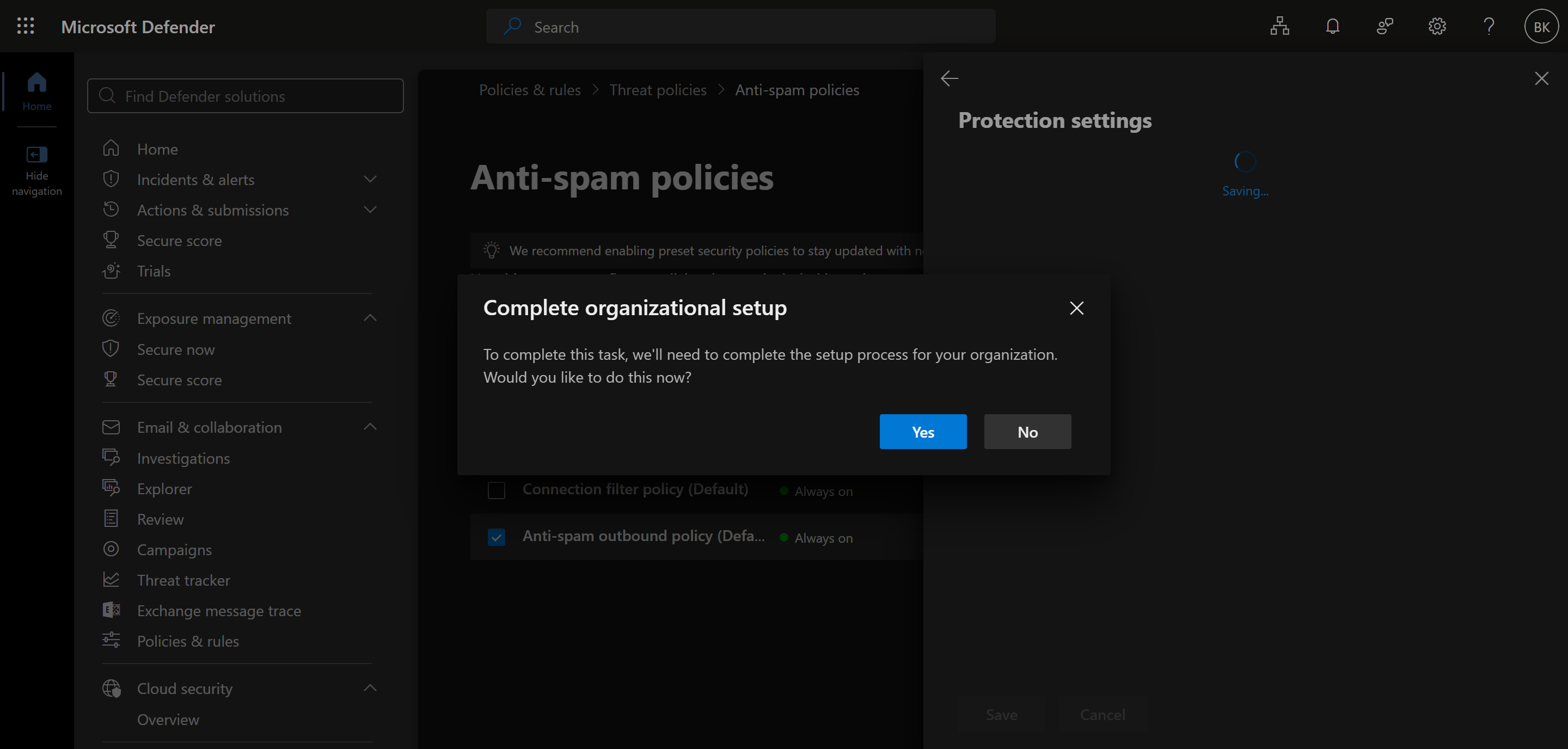 The "Complete organizational setup" dialog that can appear when saving this policy