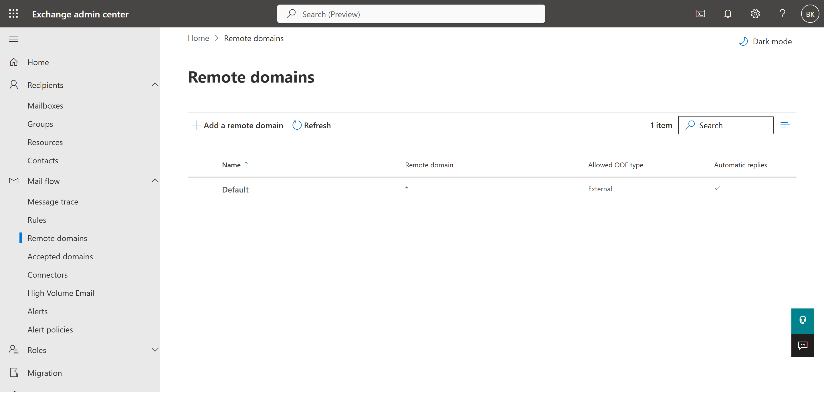 Remote domains list showing only the Default entry before adding a restriction
