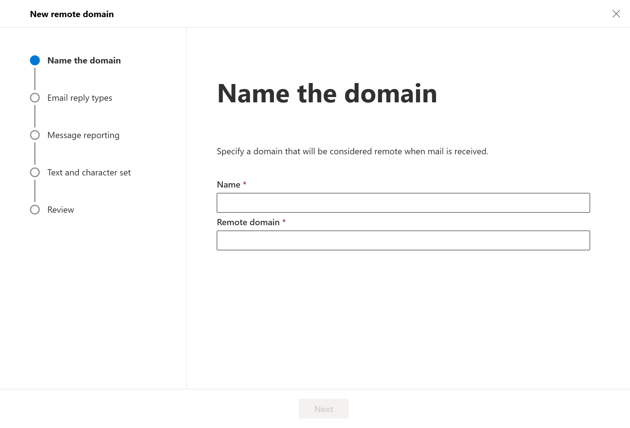 Name the domain step of the New remote domain wizard