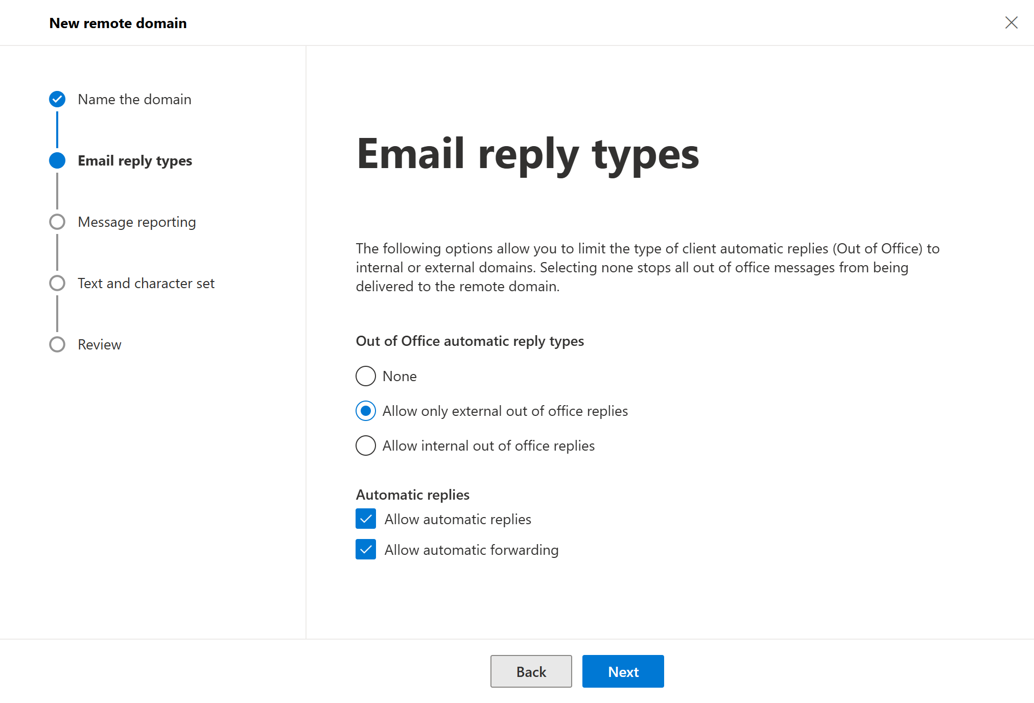 Email reply types step — Allow automatic forwarding checked for this domain