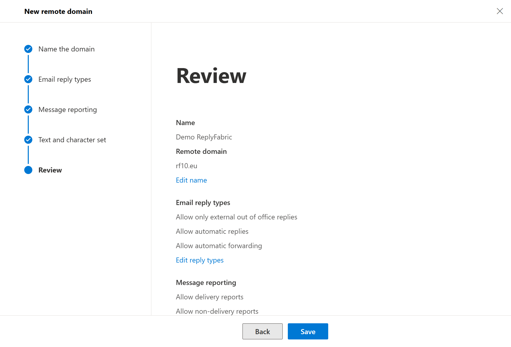 Review step showing the new remote domain's name and domain before saving