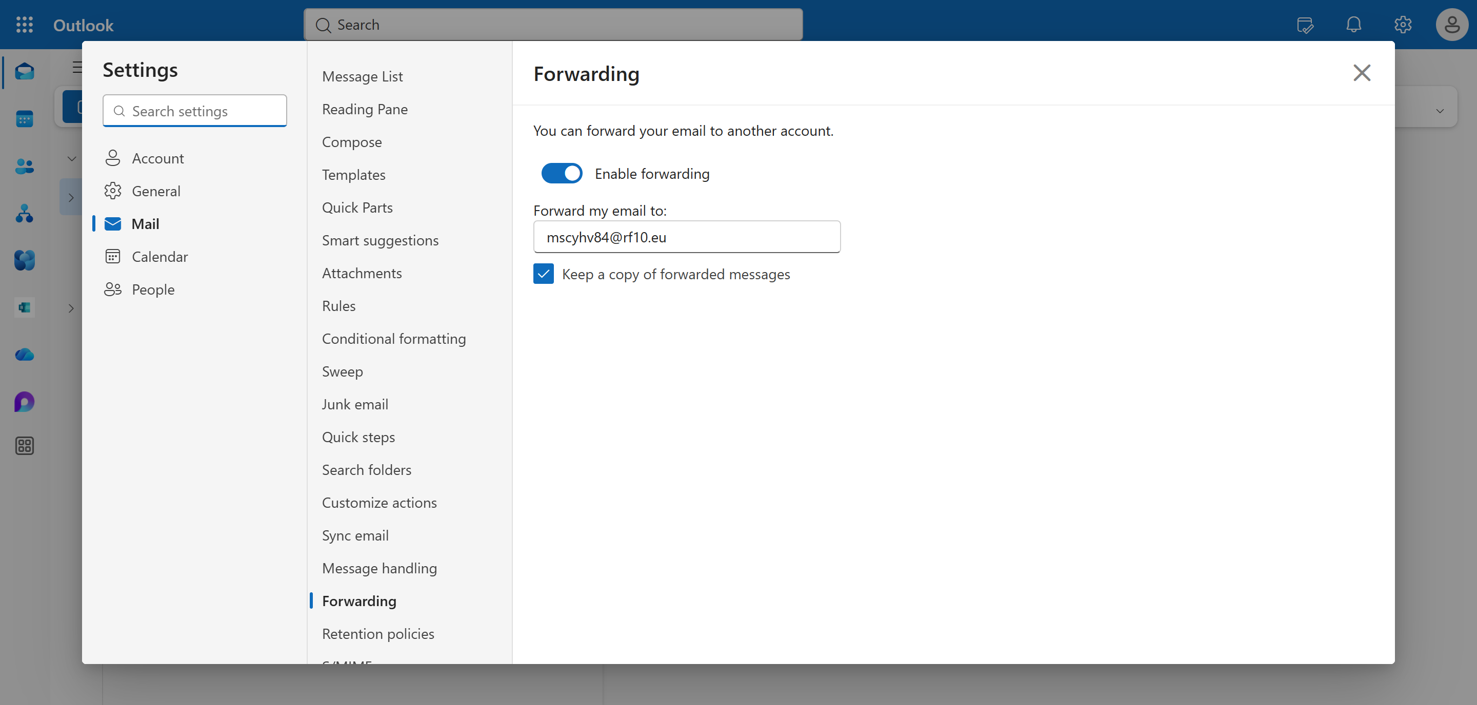 Outlook web Forwarding settings — Enable forwarding on, Forward my email to the demo mailbox address, Keep a copy of forwarded messages checked