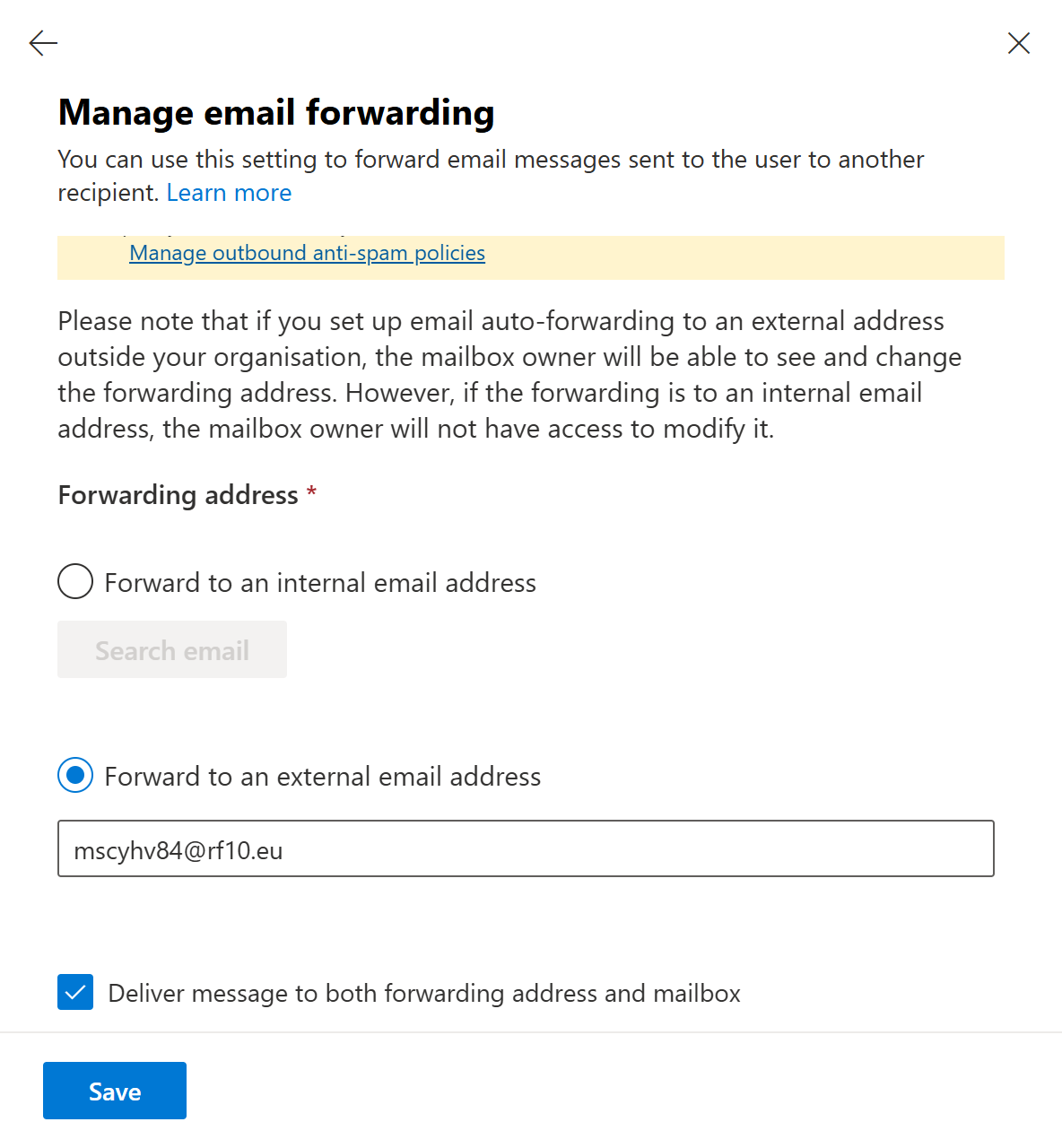 Manage email forwarding in the Exchange admin center — the admin-side equivalent of Outlook's Forwarding setting