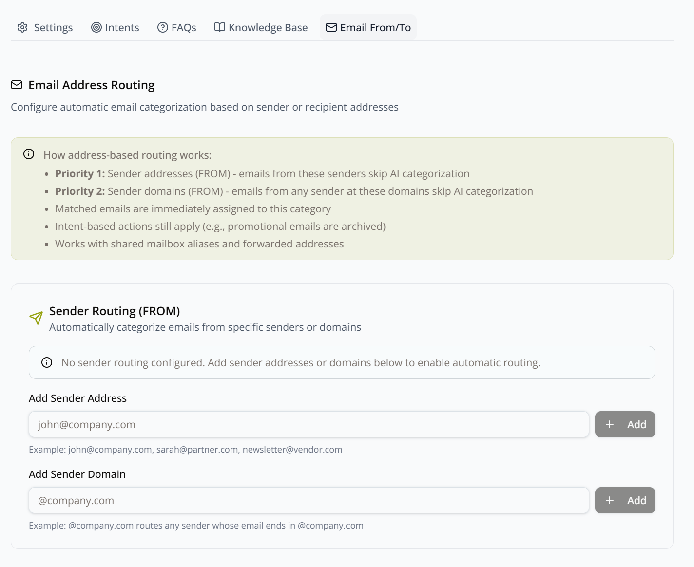 Email Address Routing tab overview, with the priority-order explanation