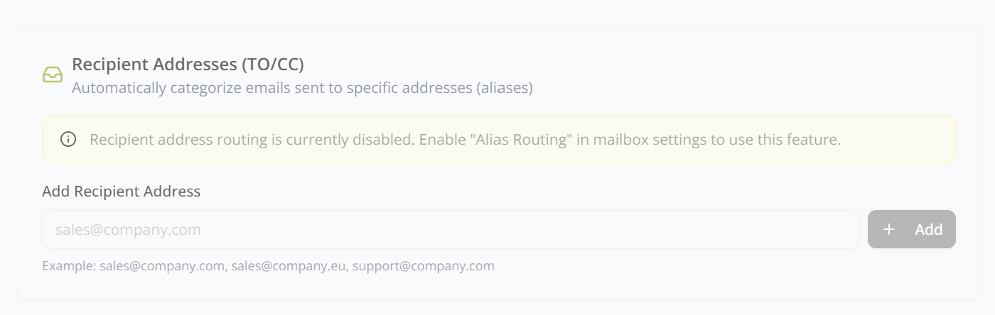 Sender Routing (FROM) fields and Recipient Addresses (TO/CC), currently disabled