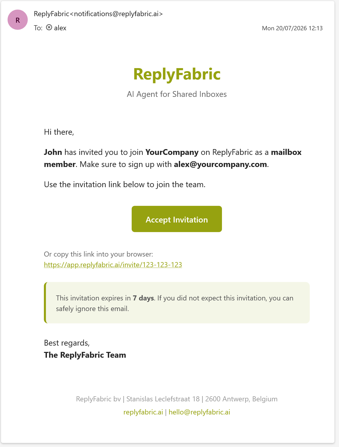 Invitation email with Accept Invitation button