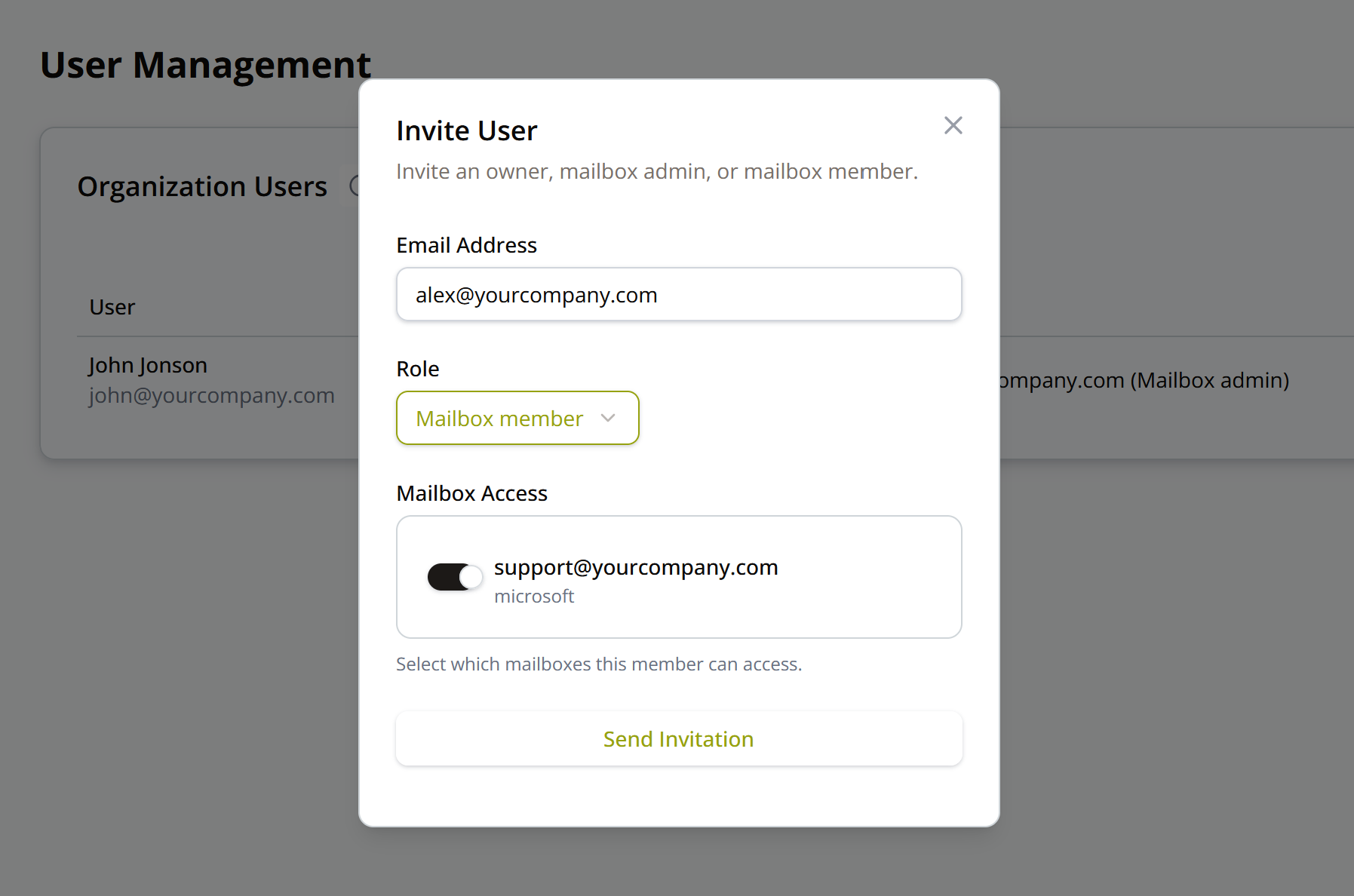 Invite user dialog in user management