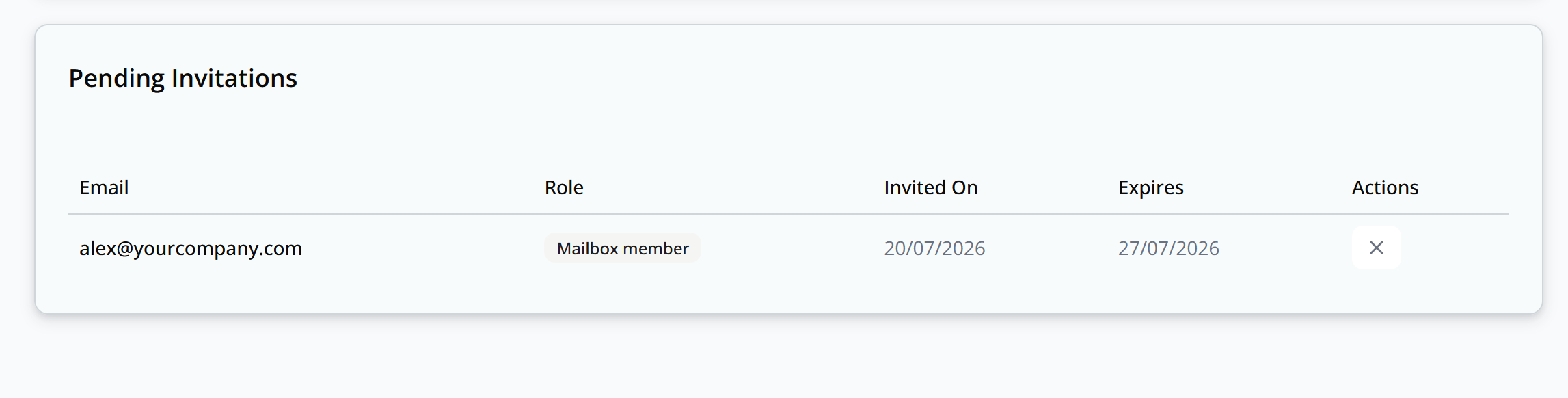 Pending Invitations table showing the sent invite, its role, and expiry date
