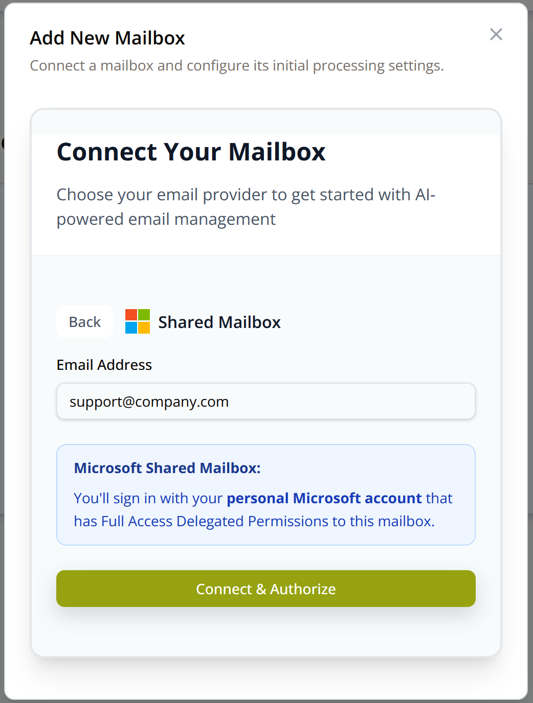 Shared mailbox email address field with a note about Full Access Delegated Permissions and a Connect & Authorize button