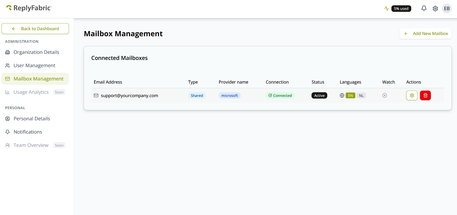 Connected mailbox showing a green Connected status and Active status in Mailbox Management