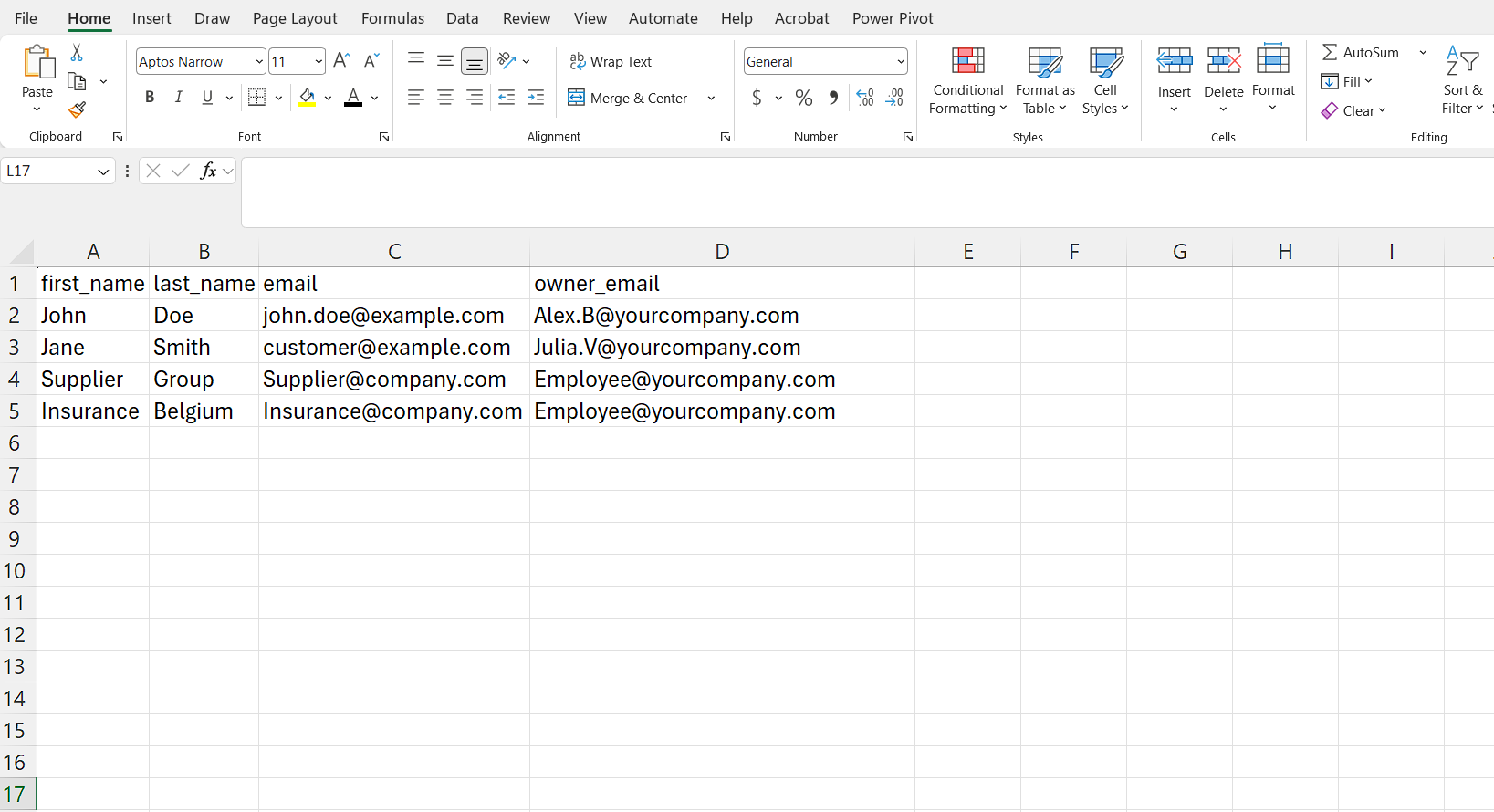 Contact list CSV with first_name, last_name, email, and owner_email columns, where owner_email is an existing organization user