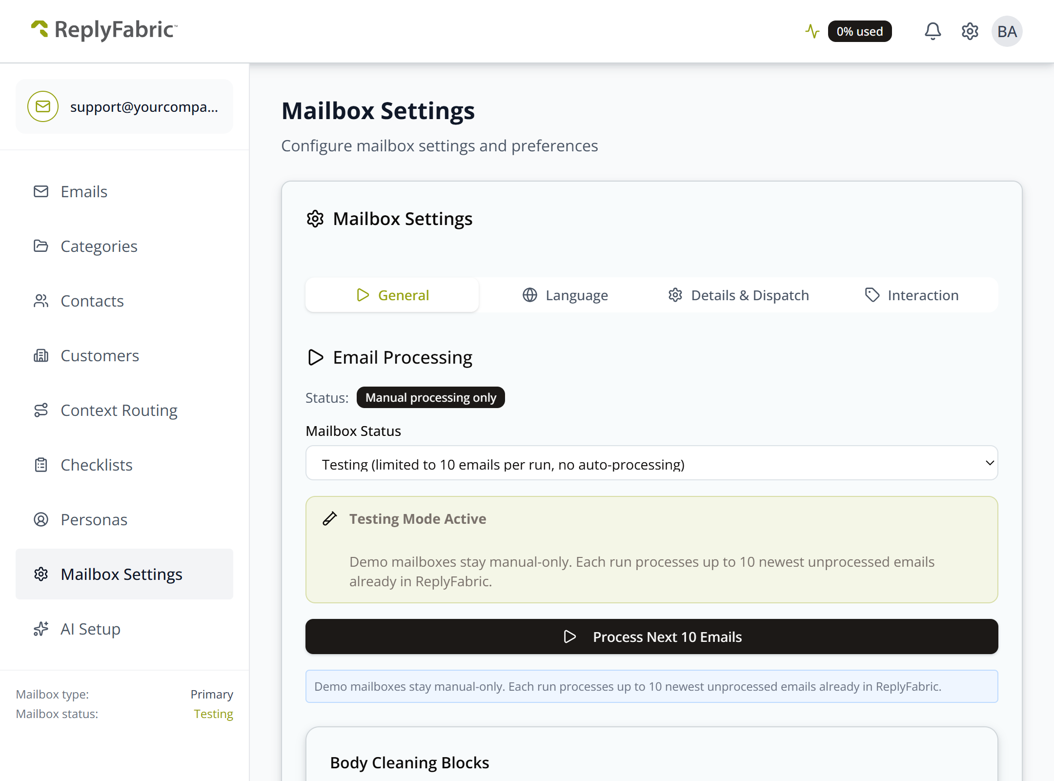 Mailbox Settings, General tab selected