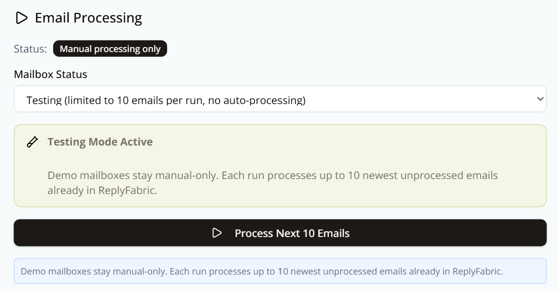 Email Processing status, showing Mailbox Status and the Process Next 10 Emails button
