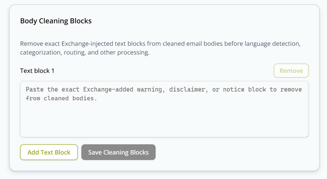 Body Cleaning Blocks section, with a Text Block entry and Save Cleaning Blocks button