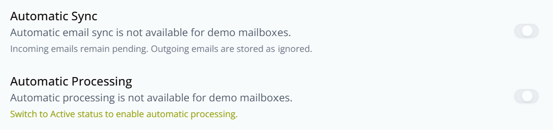 Automatic Sync and Automatic Processing, both unavailable on a demo mailbox