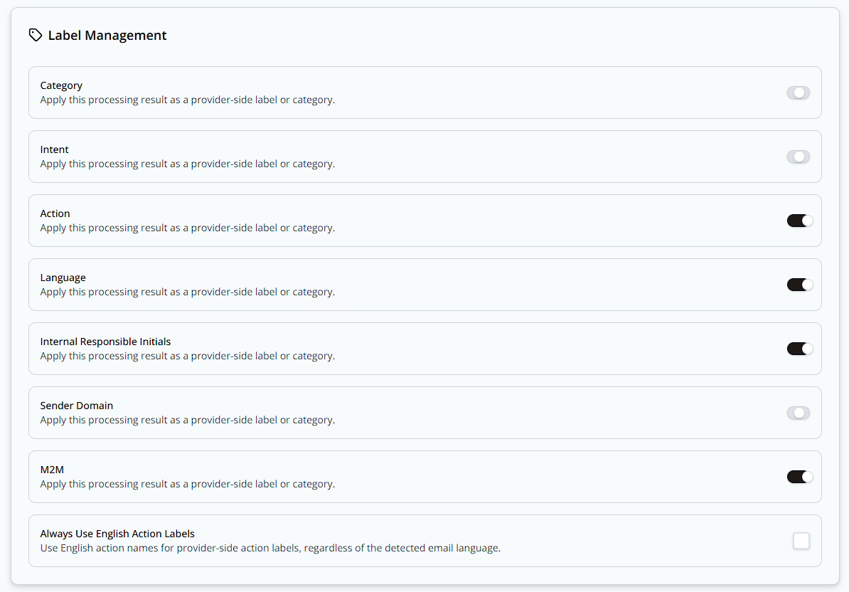 Label Management toggles, with each label's on/off default and description