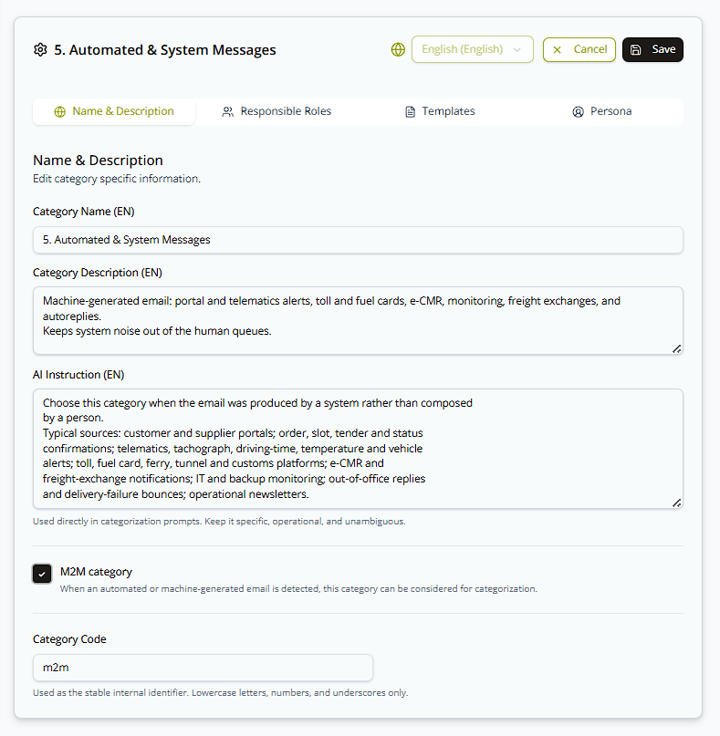Name & Description tab for "Automated & System Messages", showing the M2M category checkbox ticked