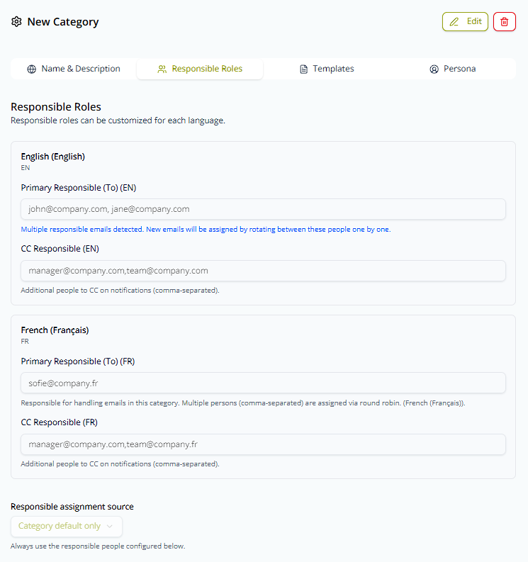 Responsible Roles tab, showing per-language Primary Responsible and CC Responsible cards for English and French, plus the collapsed Responsible assignment source dropdown