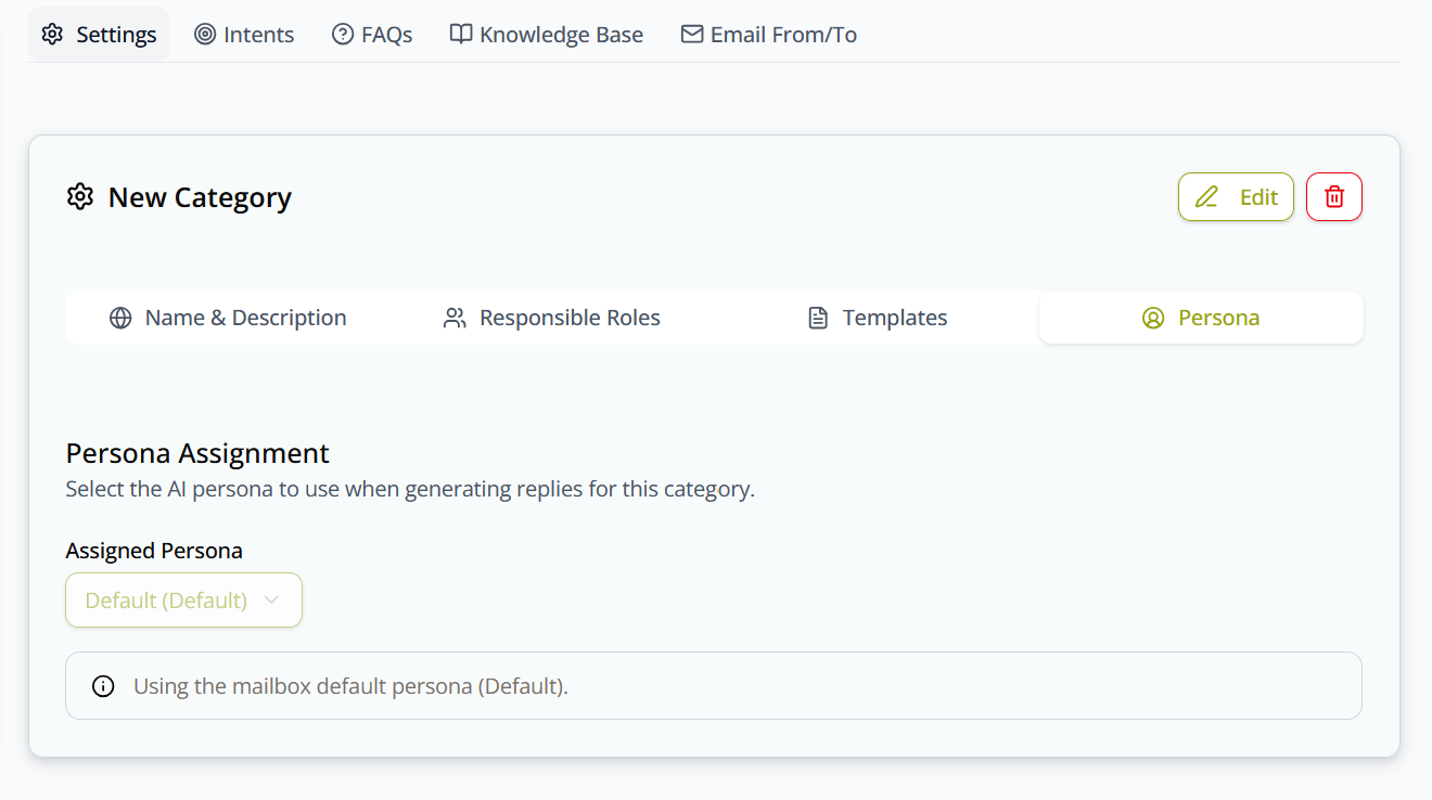 Persona tab — Assigned Persona dropdown, currently set to the mailbox default