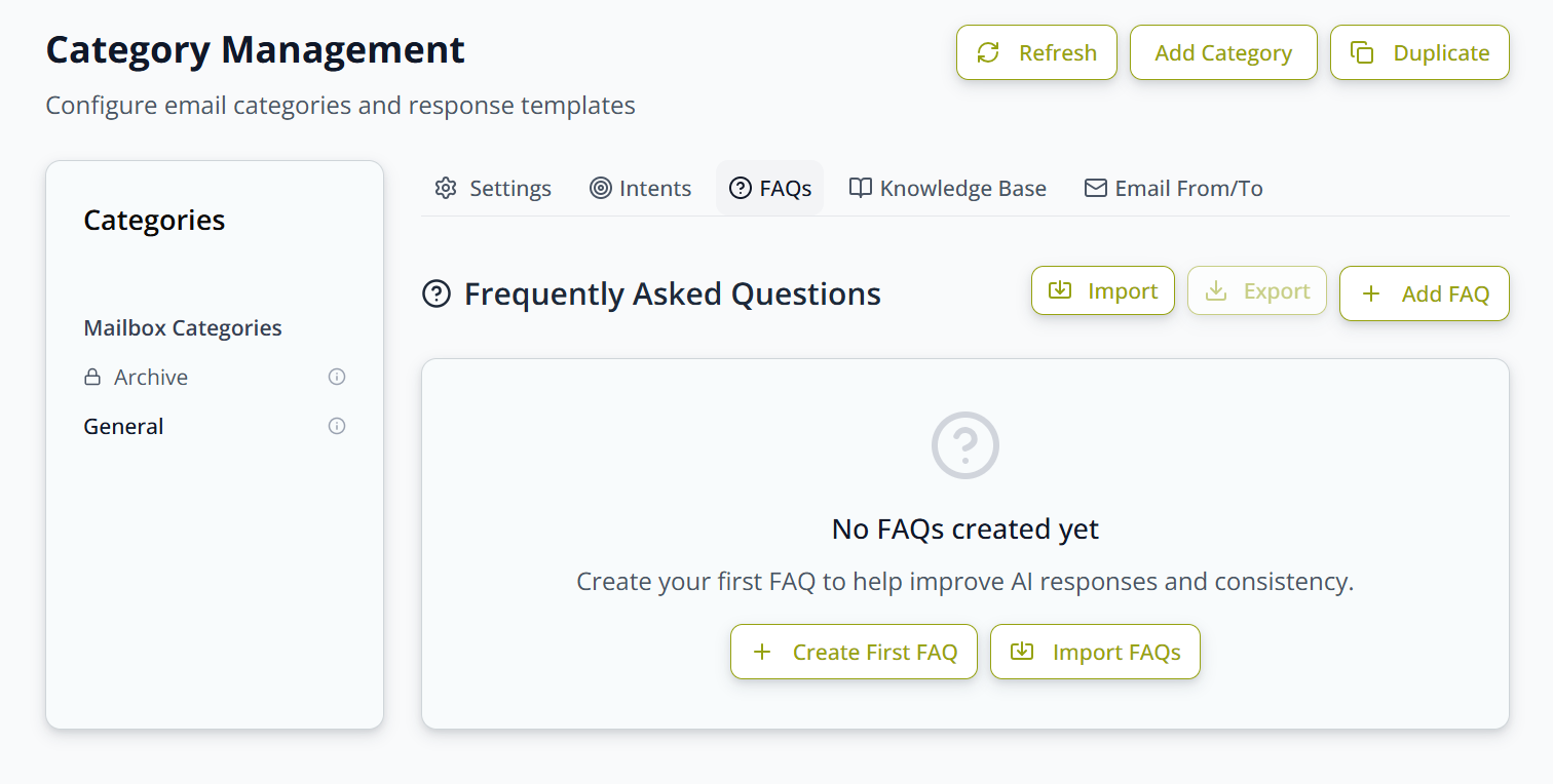 Frequently Asked Questions tab for a category, showing the empty state with Import, Export, and Add FAQ options