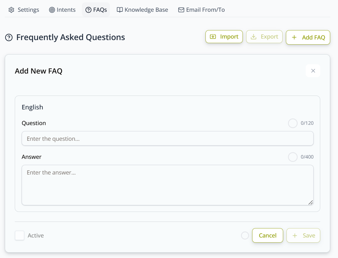 Add New FAQ panel — Question, Answer, and Active fields