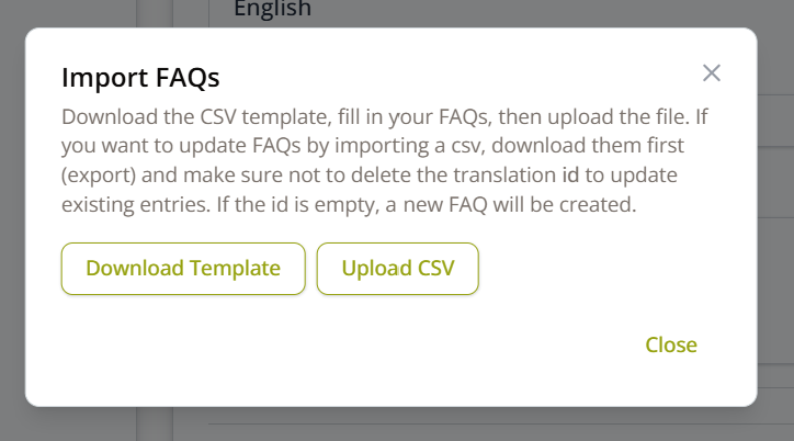 Import FAQs dialog — Download Template and Upload CSV