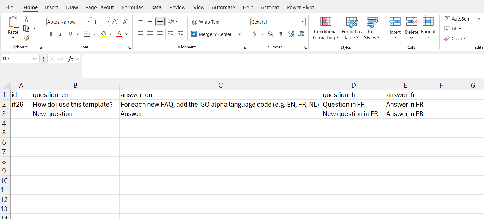 An exported FAQ file opened in a spreadsheet — id, question_en/answer_en and question_fr/answer_fr columns, with an existing FAQ carrying the id rf26 and a newly added row below it leaving id empty