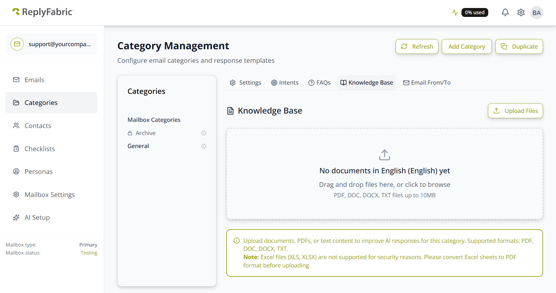 Knowledge Base tab for a category, showing the upload area and supported file formats