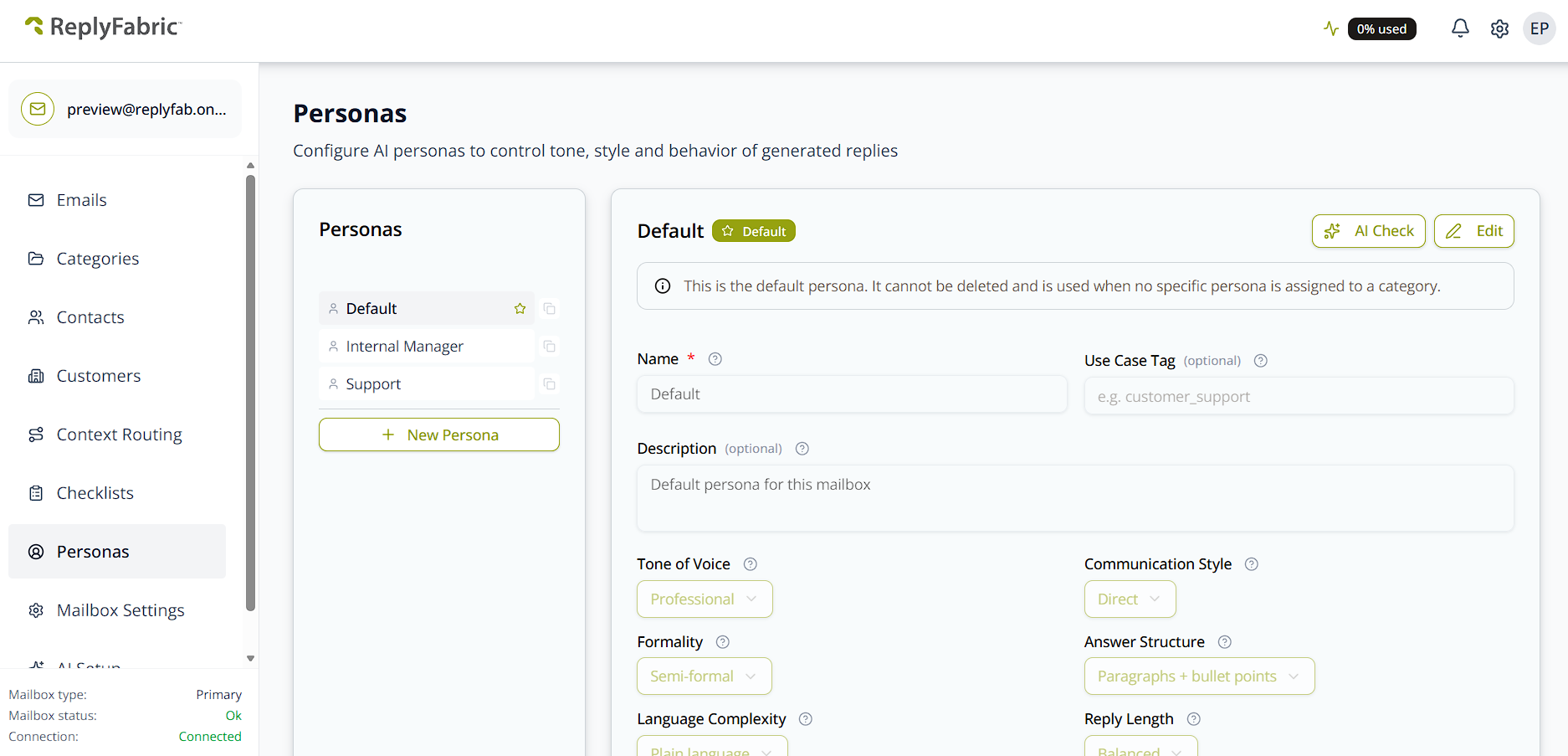 The ReplyFabric Personas page, showing the persona list on the left and the Default persona open in read-only view.