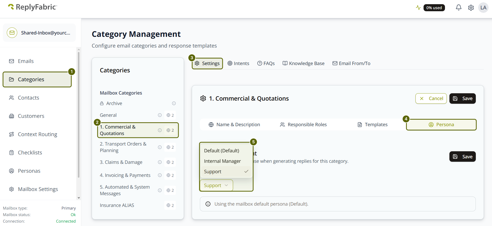 Category Management with the click path highlighted in five numbered steps: Categories in the sidebar, the selected category in the list, the Settings tab, the Persona sub-tab, and the open Assigned Persona dropdown listing Default (Default), Internal Manager and Support.