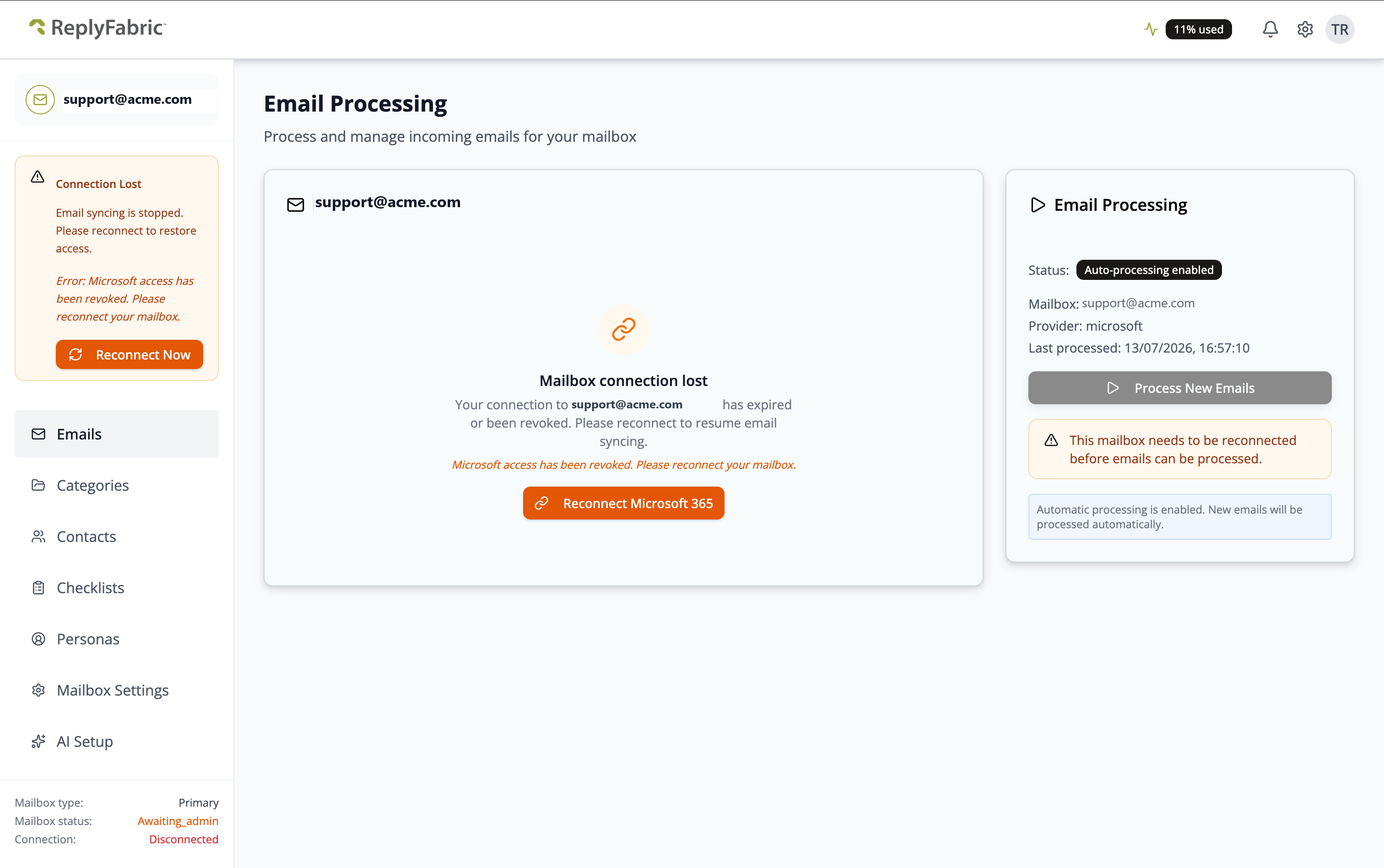 The Emails page showing a Mailbox connection lost message, a Connection Lost banner in the sidebar, and Awaiting_admin / Disconnected at the bottom of the sidebar
