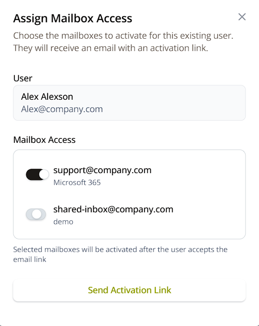 Assign Mailbox Access dialog for an existing user, with a toggle per mailbox and a Send Activation Link button