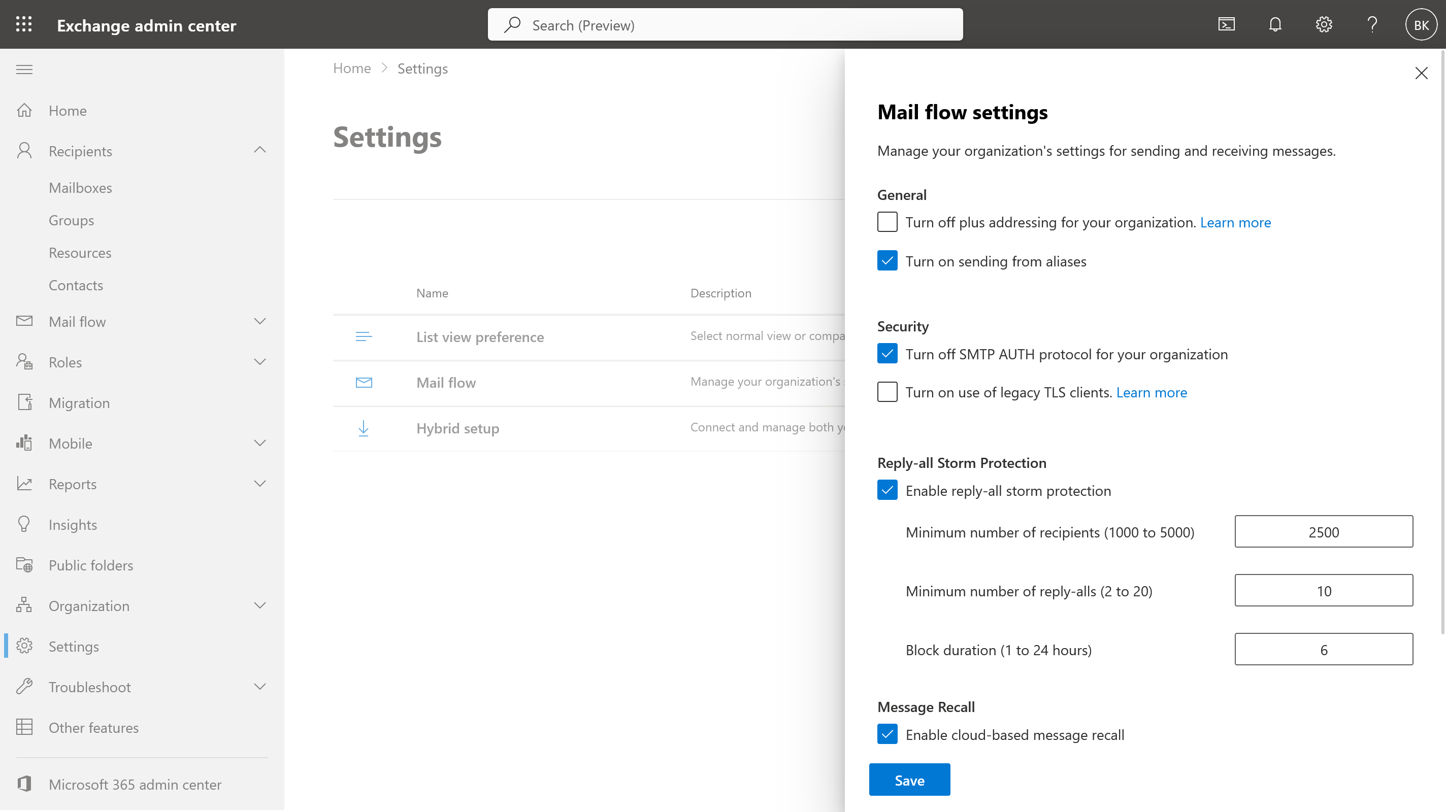 Exchange admin center Mail flow settings with "Turn on sending from aliases" checked