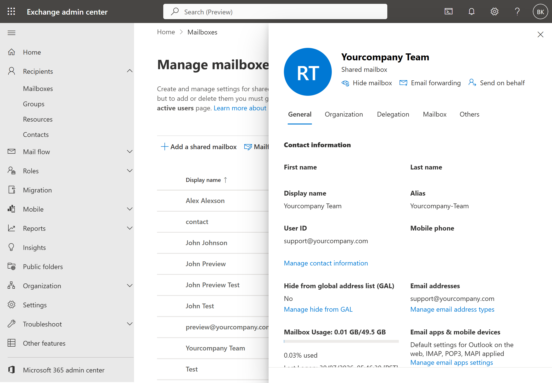 Exchange admin center mailbox General tab showing the Email addresses section with a Manage email address types link