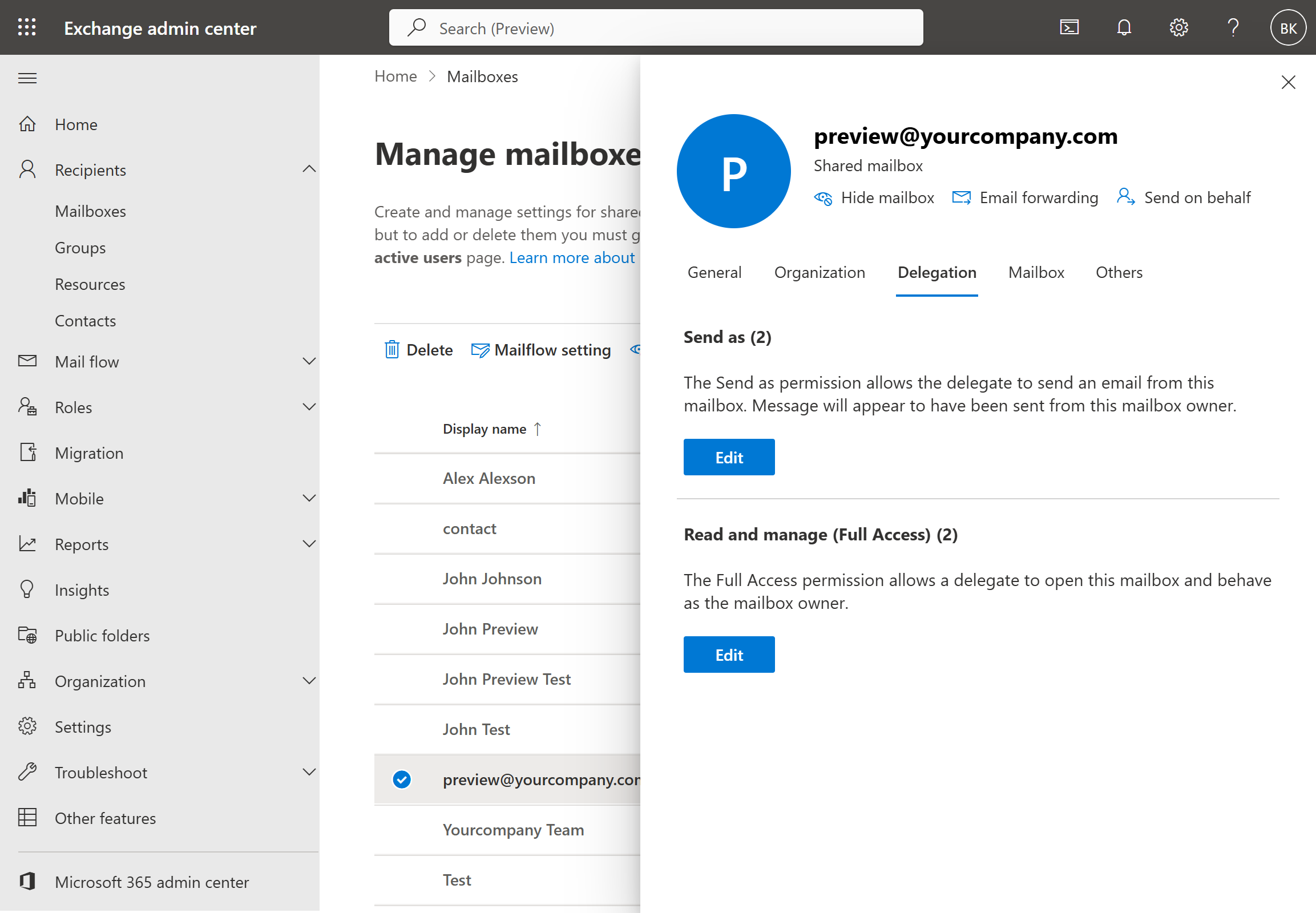 Exchange admin center mailbox Delegation tab showing Send as and Read and manage (Full Access) summary cards, each with an Edit button