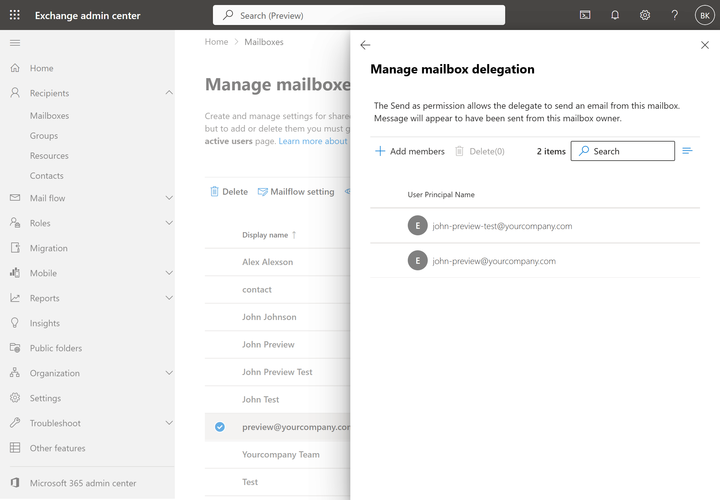 Manage mailbox delegation panel for Send as, listing the mailbox's current delegates